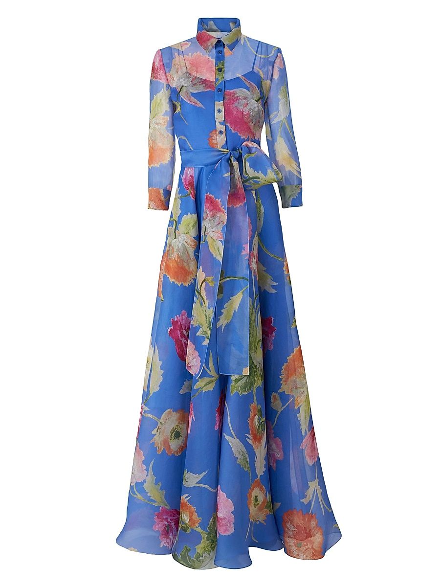 Women's Floral Silk Trench Gown - Bluebell Multi - Size 14