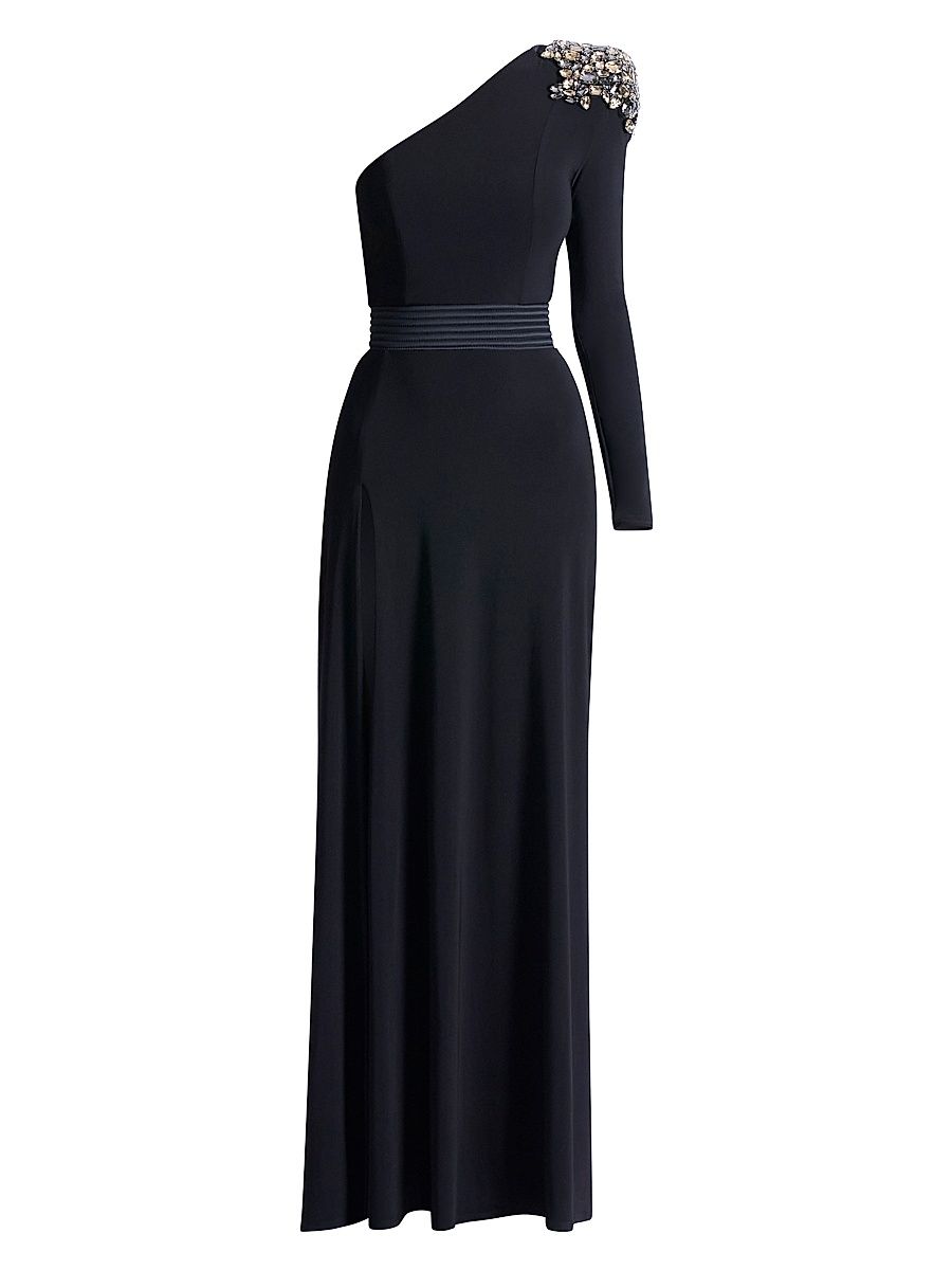 Women's Lustris Crystal-Embellished Satin One-Shoulder Gown - Black - Size 8
