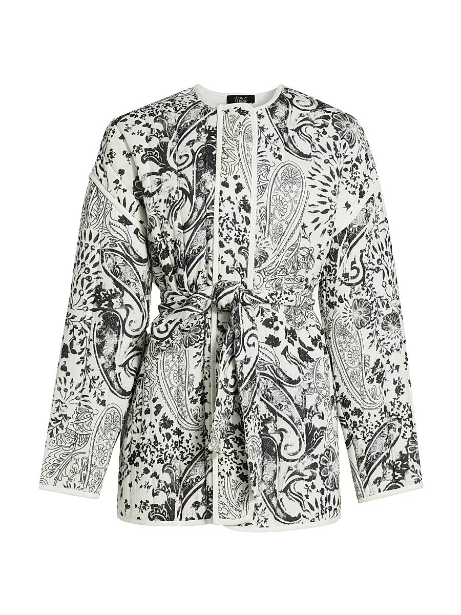 Women's Paisley Cotton Tie-Waist Jacket - Black Cream - Size Medium