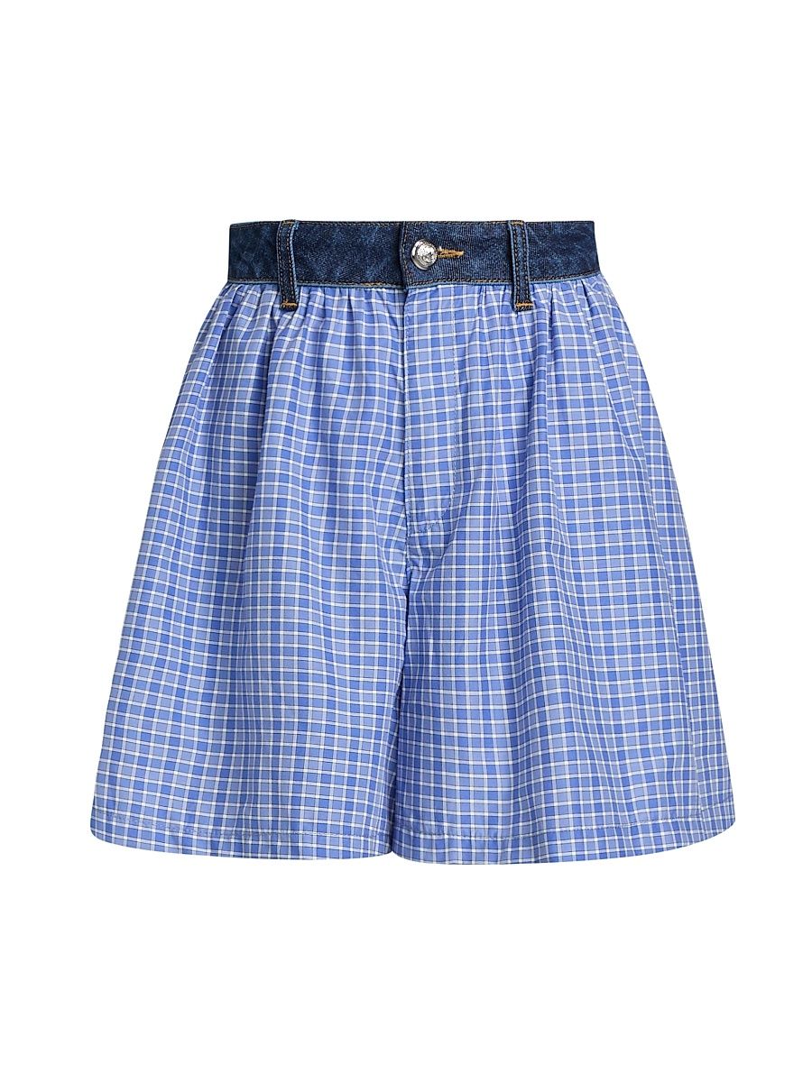 Women's Madalyn Checked Cotton-Blend High-Rise Shorts - Bleu Crush Ultramarine - Size 12
