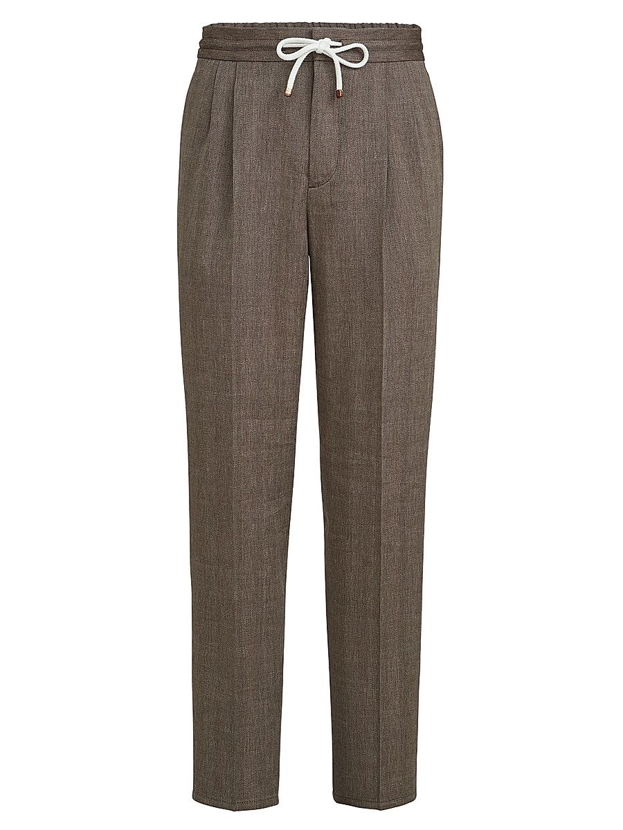 Men's Linen and Virgin Wool Chevron Trousers with Drawstring and Double Pleats - Hazelnut - Size 48