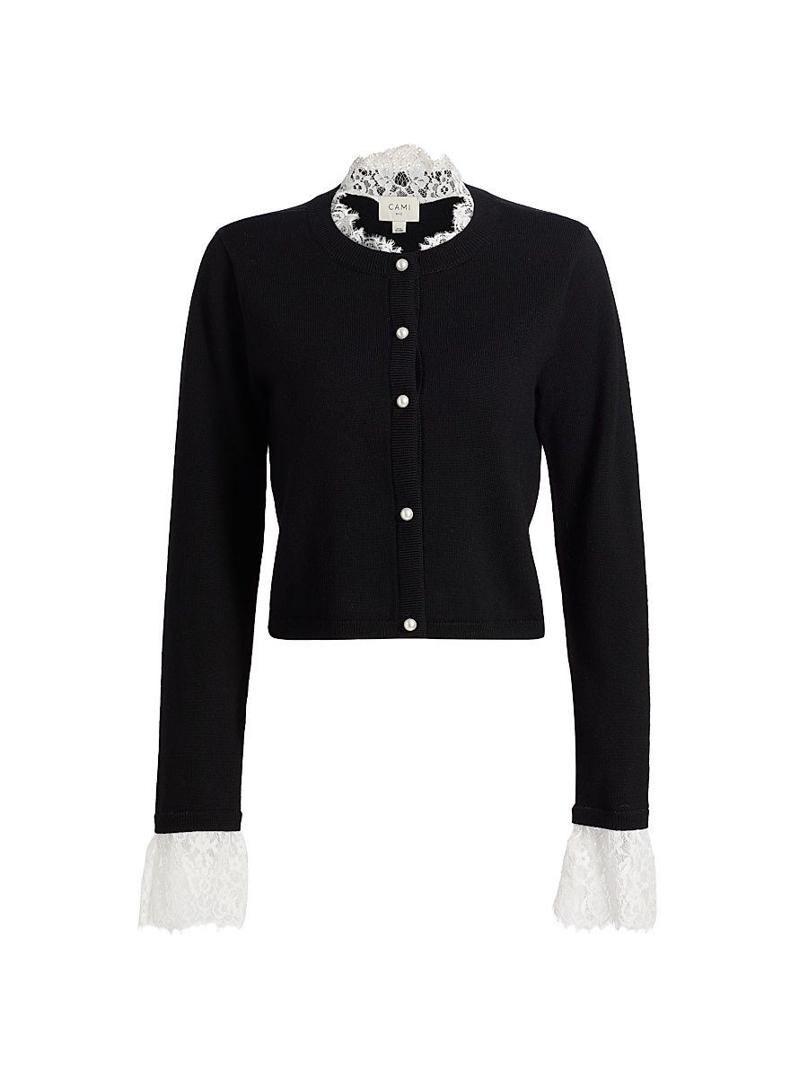 Women's Eliana Merino Wool & Lace Cardigan - Black White - Size XL