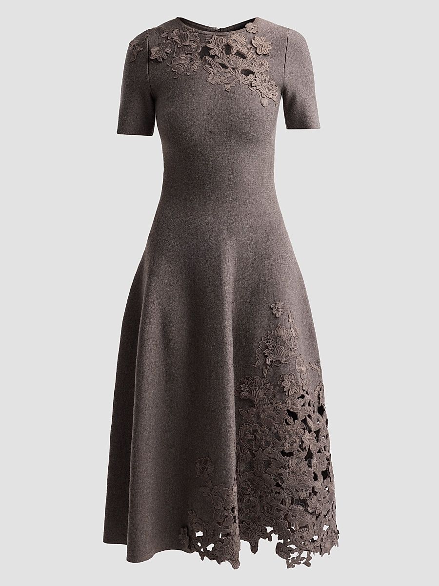 Women's Guipure Lace Wool Midi Dress - Carbon - Size XS