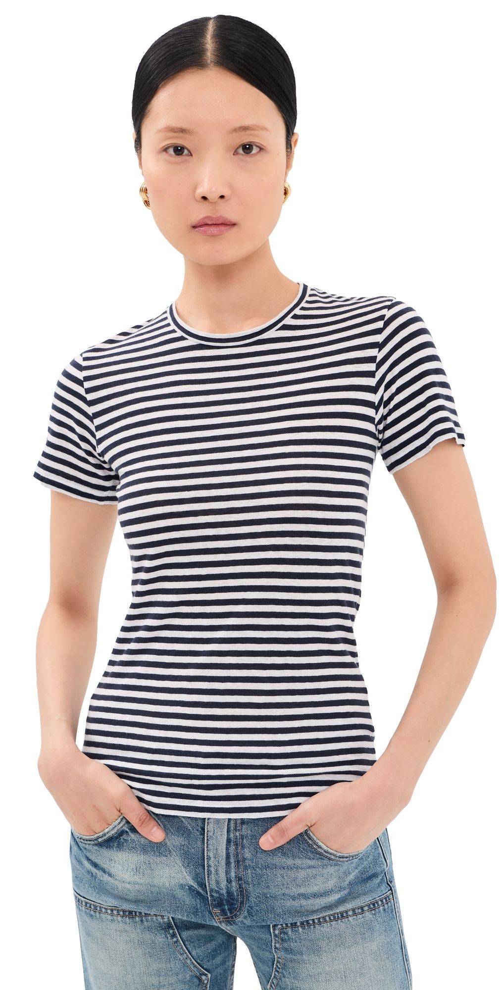 Nili Lotan Lana Crew Neck Tee White/Dark Navy Stripe L