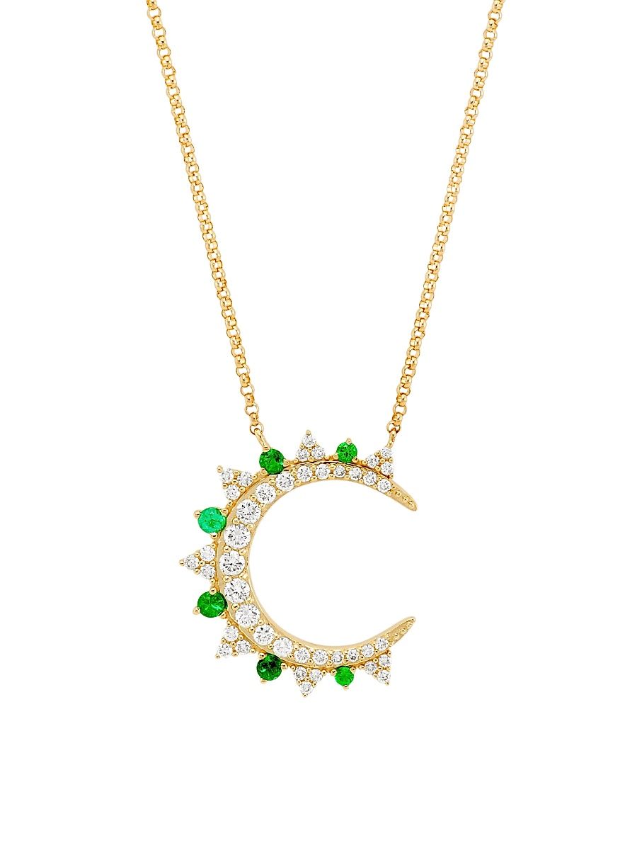 Women's 14K Yellow Gold, Emerald & 0.37 TCW Diamond Crescent Moon Pendant Necklace - Yellow Gold