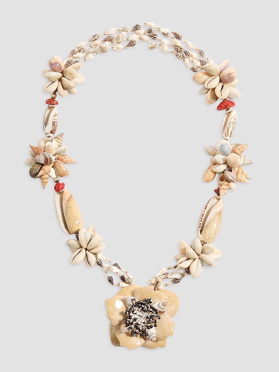 Women's Jardin Aquatique Necklace in Metal, Enamel, Fabric, Shells, Coral and Natural Pearls - Gold Ivory