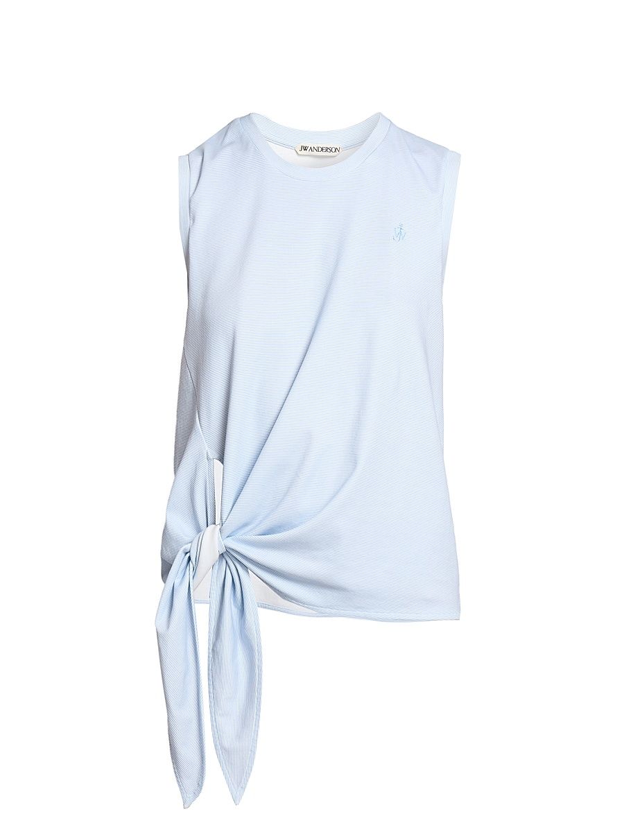 Women's Knotted-Hem Cotton Tank - White Light Blue - Size XL
