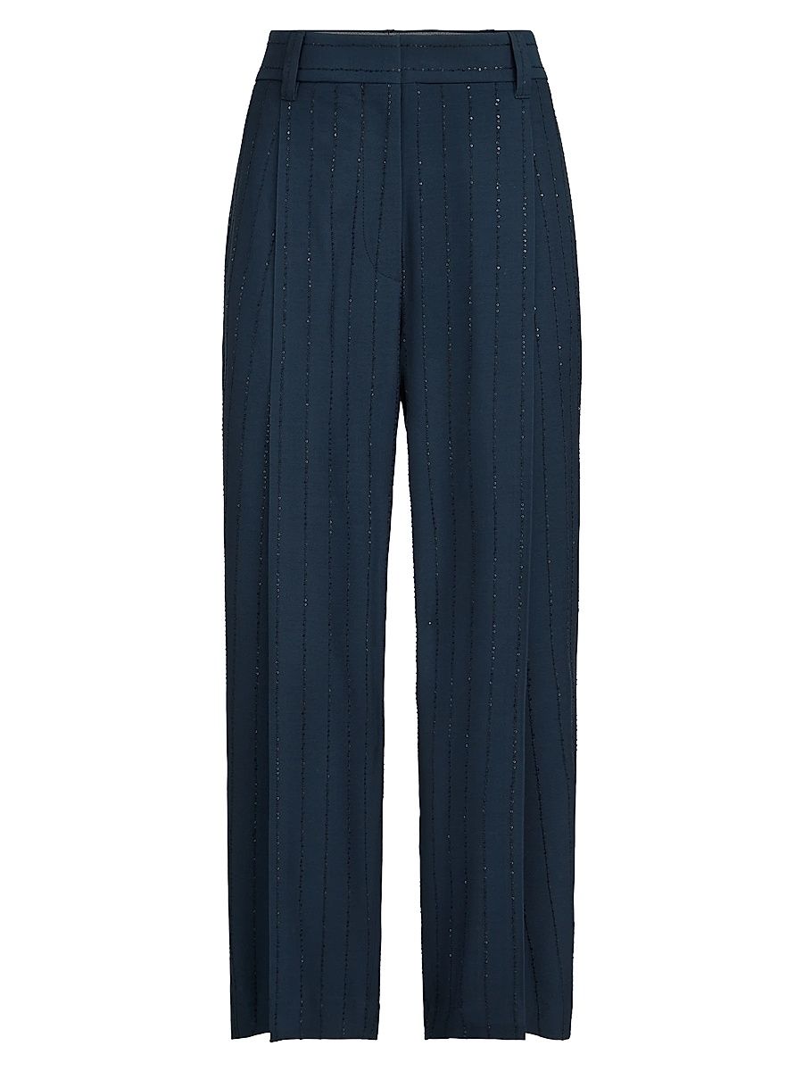 Women's Dazzling Chalkstripe Slouchy Trousers with Monili - Blue - Size 10