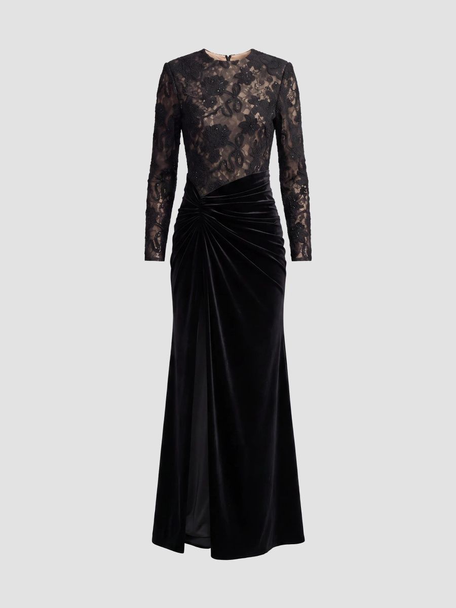 Mac Duggal Women's Lace-Velvet Column Gown - Black Beige - Size 18