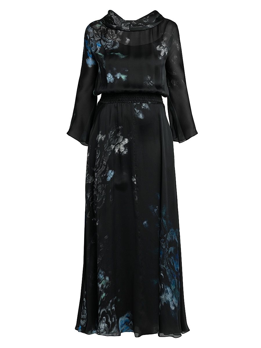 Women's Floral Silk Long-Sleeve Maxi Dress - Black Beauty - Size 2
