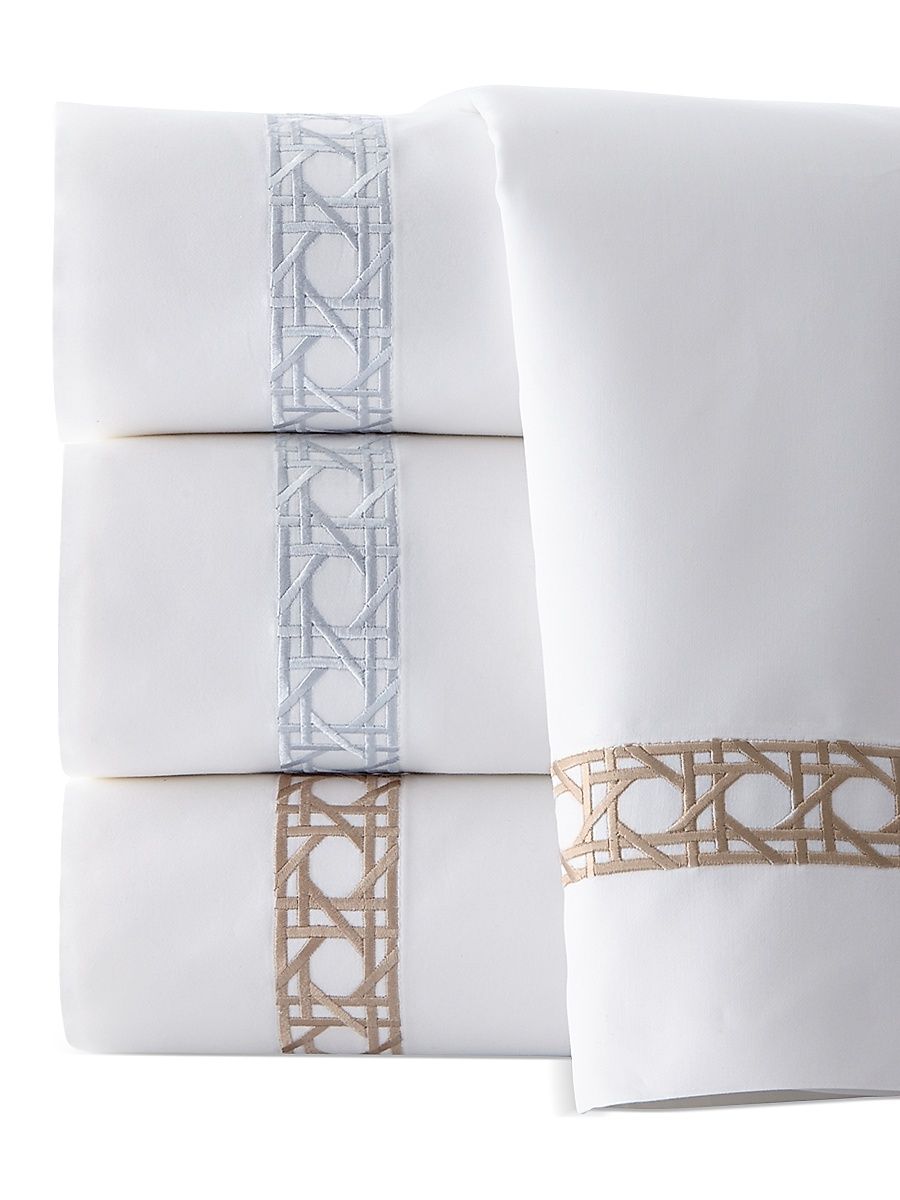 Cane II 4-Piece Embroidered Cotton Sateen King Sheet Set - White Blue - Size King