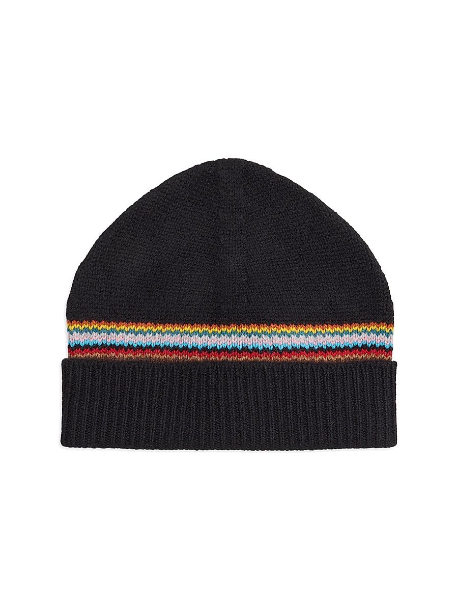 Men's Signature Block Stripe Wool Beanie - Black