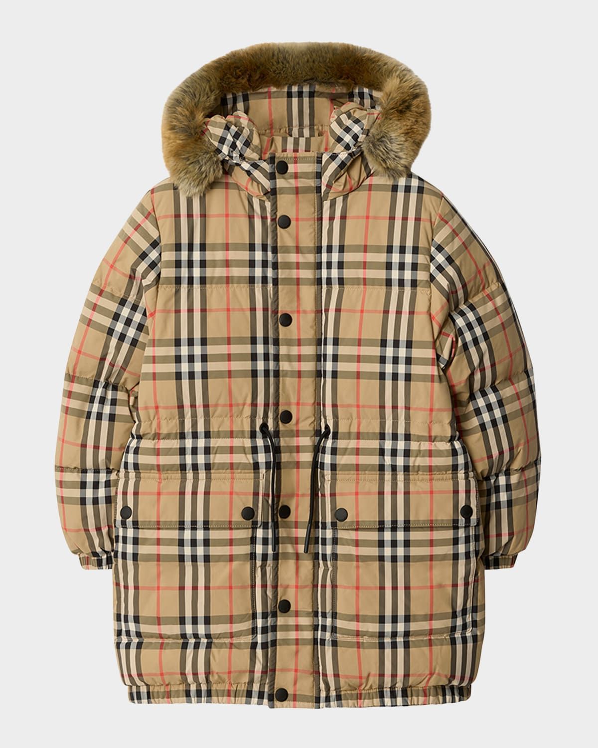 Boy & apos;s Faux-Fur Trim Check Nylon Puffer Coat, Size 3-14