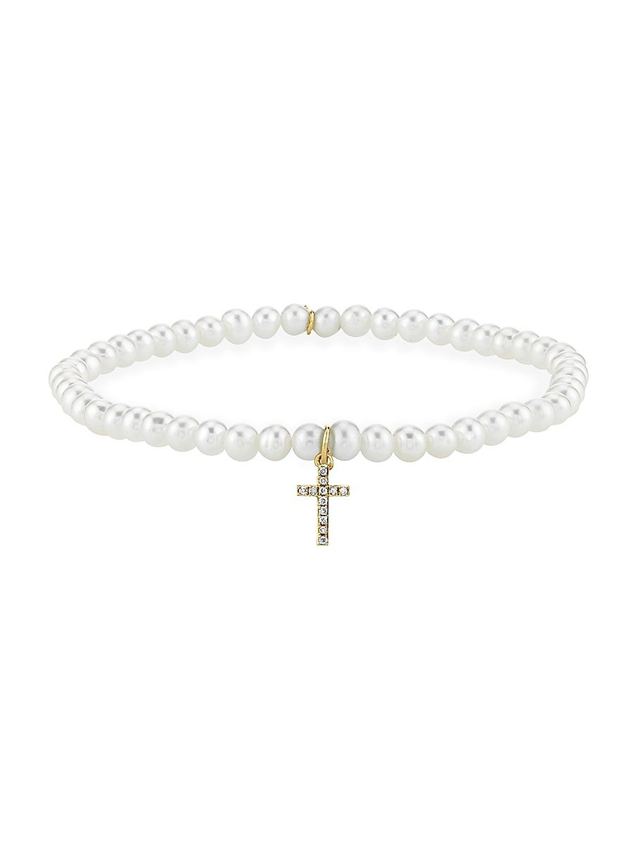 Women's 14K Yellow Gold, 0.06 TCW Diamond & Pearl Bead Stretch Bracelet - White