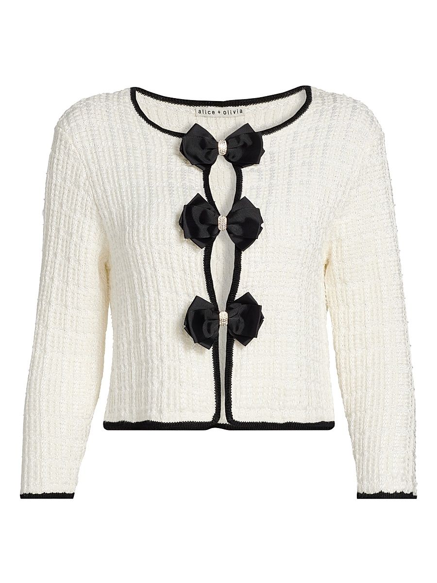 Women's Akira Embellished Bow Cardigan - Soft White Black - Size XS