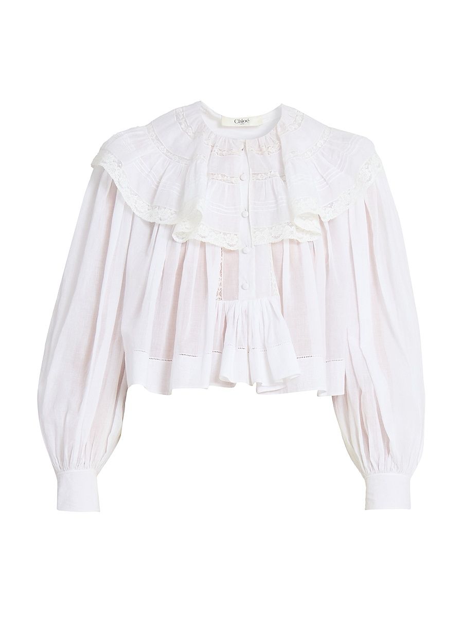 Women's Ruffled Lace-Trim Cotton Crop Blouse - Iconic Milk - Size 10