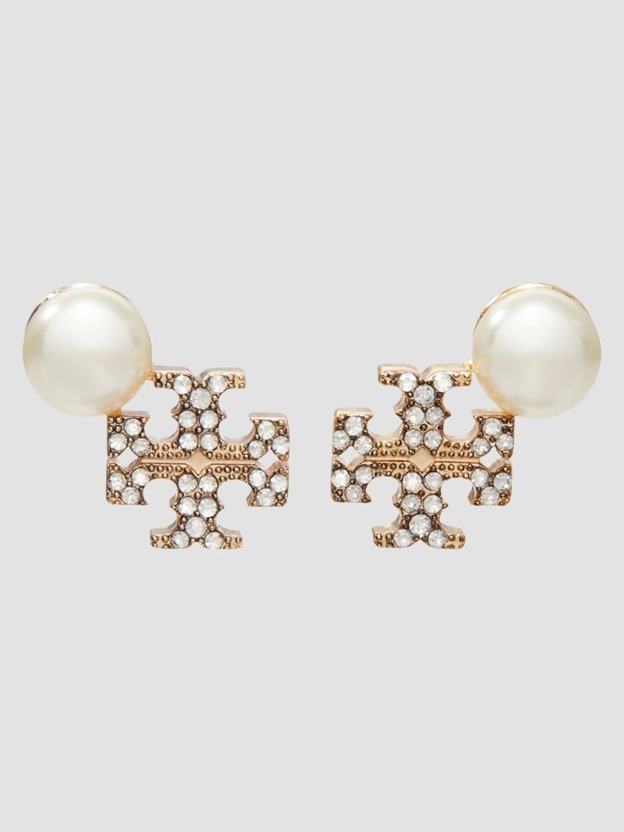 Tory Burch Women's Moondance 18K-Gold-Plated, Glass Crystal & Imitation Pearl Logo Stud Earrings - Gold Pearl Crystal