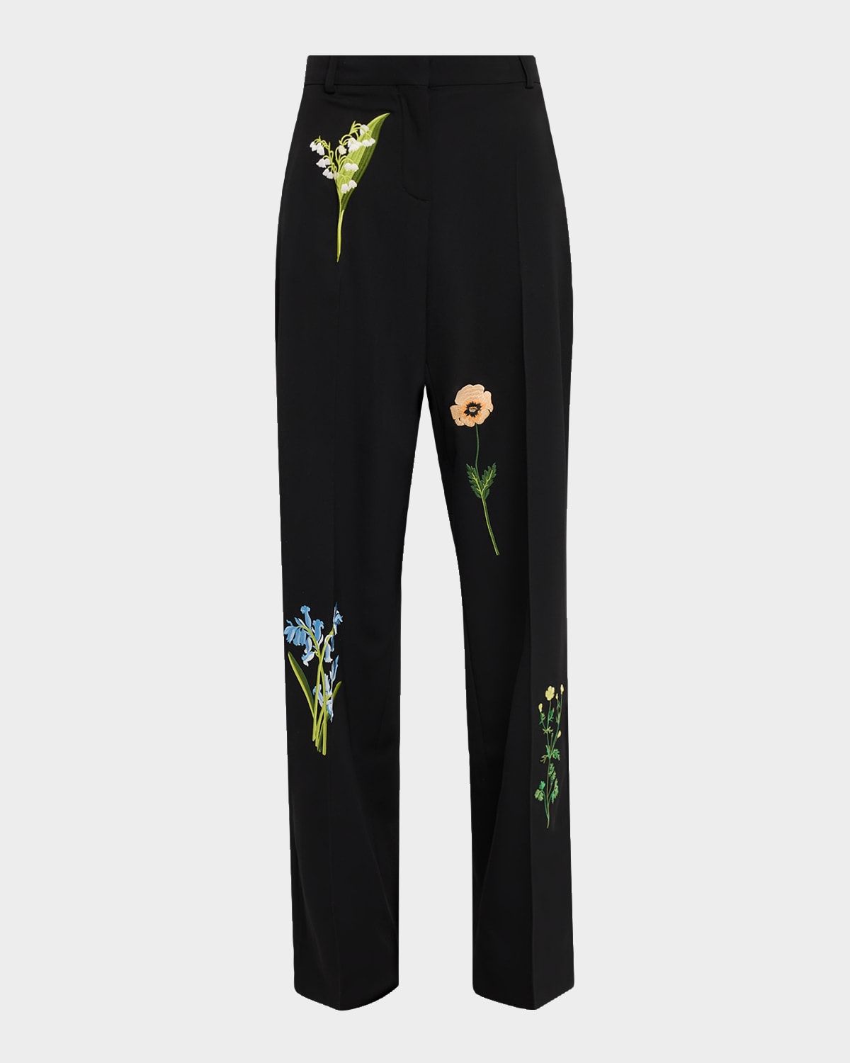 Dropped-Waist Floral Embroidered Straight-Leg Trousers