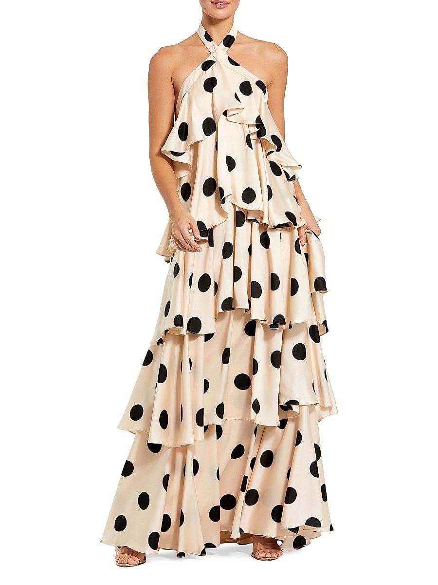 Women's Ieena Polka Dot Charmeuse Halterneck Gown - Cream Black - Size Large