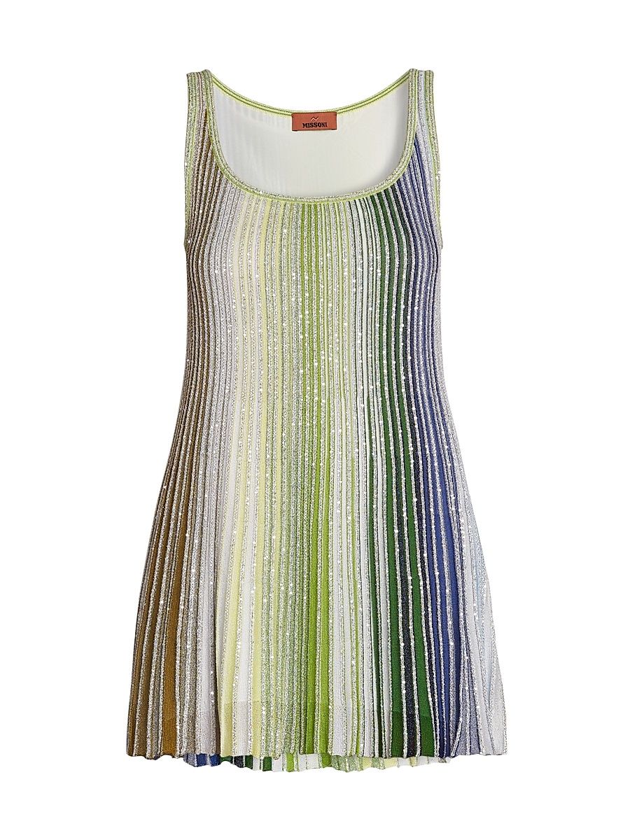 Women's Striped Metallic Knit Scoopneck Minidress - Green White Blue - Size 10