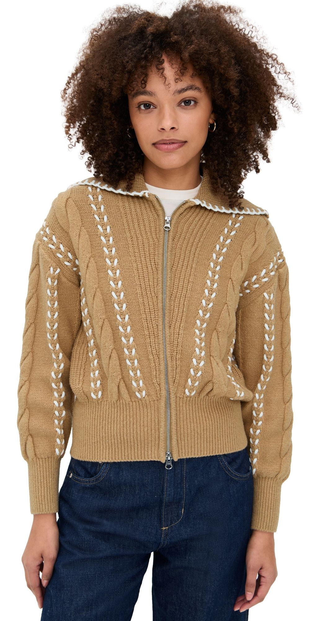 RAILS Lune Zip Sweater Camel Ivory Blanket Stitch L