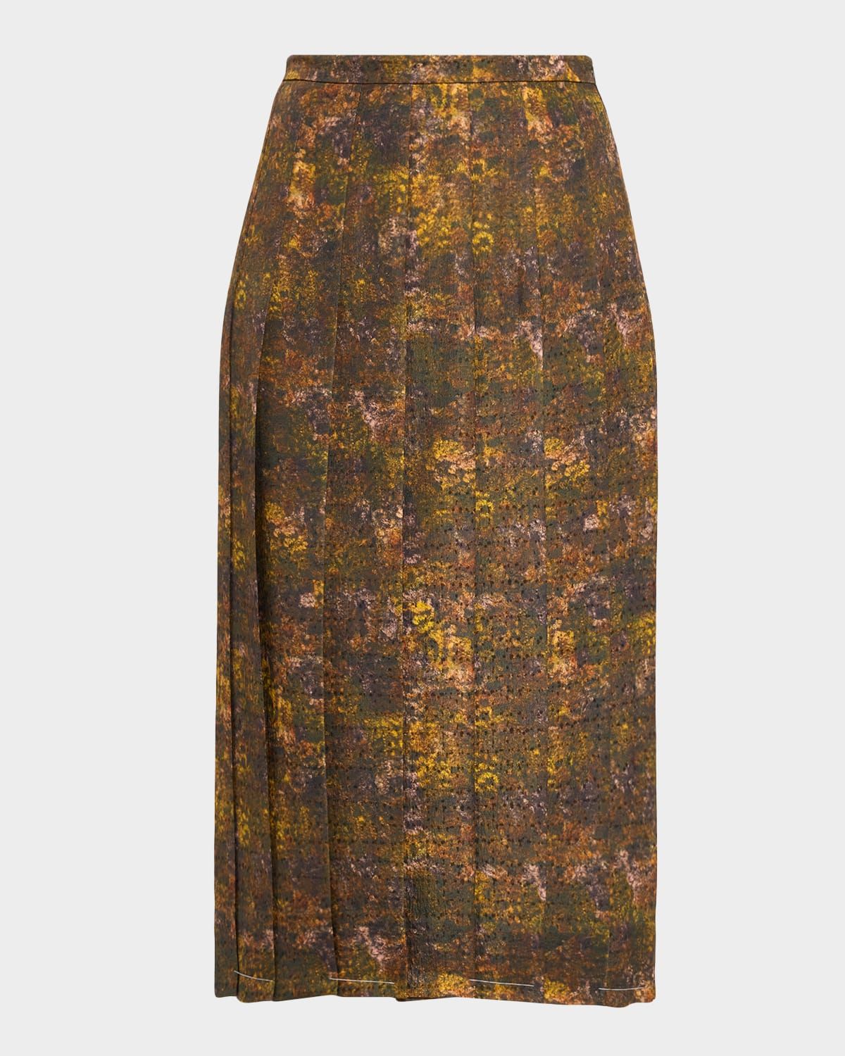 Pleated Abstract-Print Midi Dress