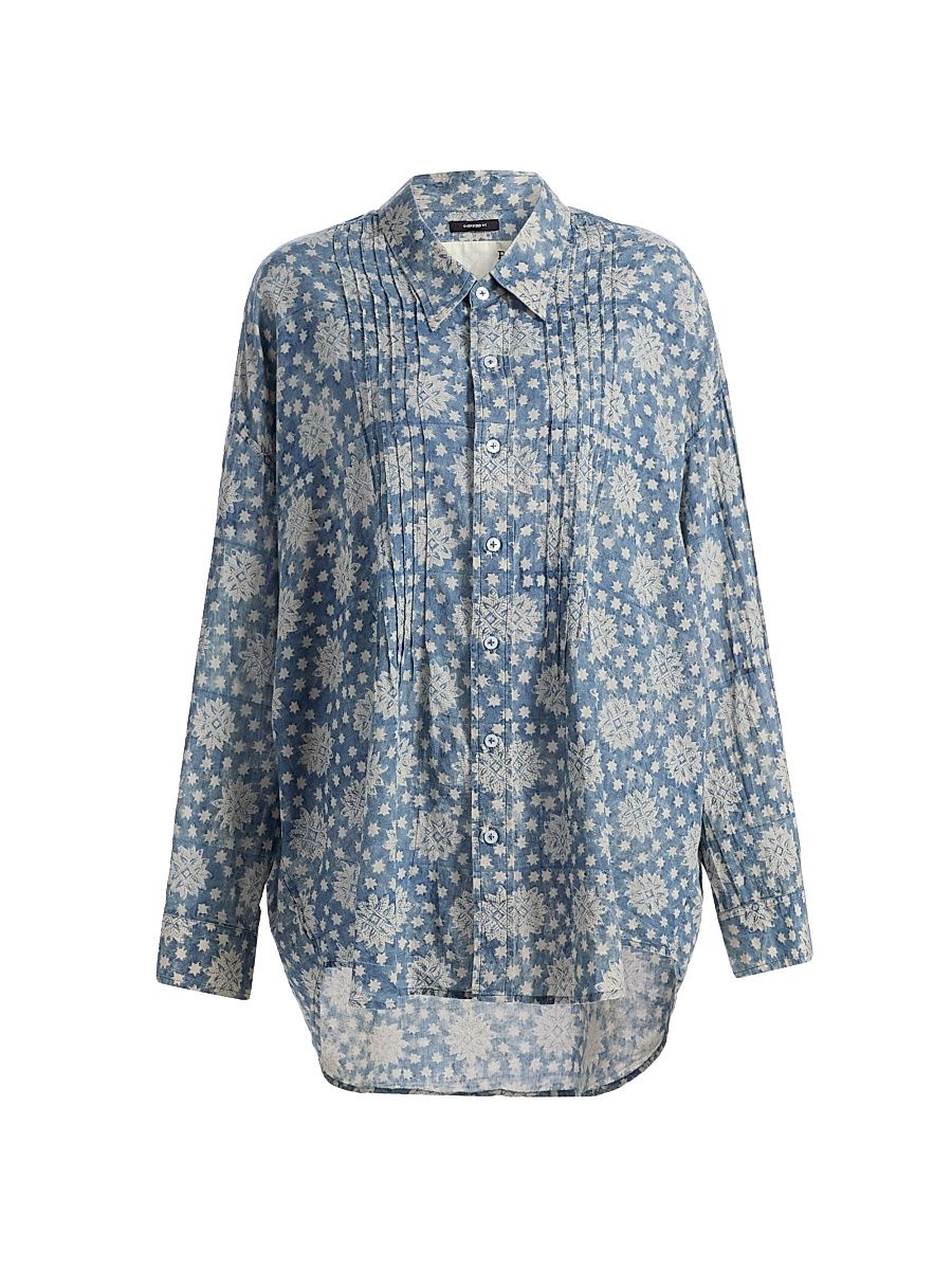 Women's Pintuck Linen Printed Shirt - Indigo Medallion Print - Size Large