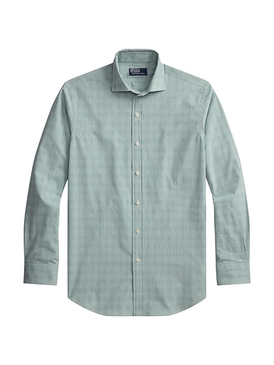 Men's Checked Cotton Poplin Shirt - Powder Sage White - Size XXL