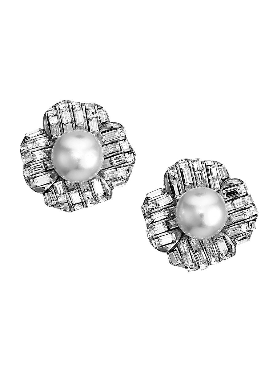 Women's Silvertone, 16MM White Round Pearl & Baguette Floral Stud Clip-On Earrings - Silver