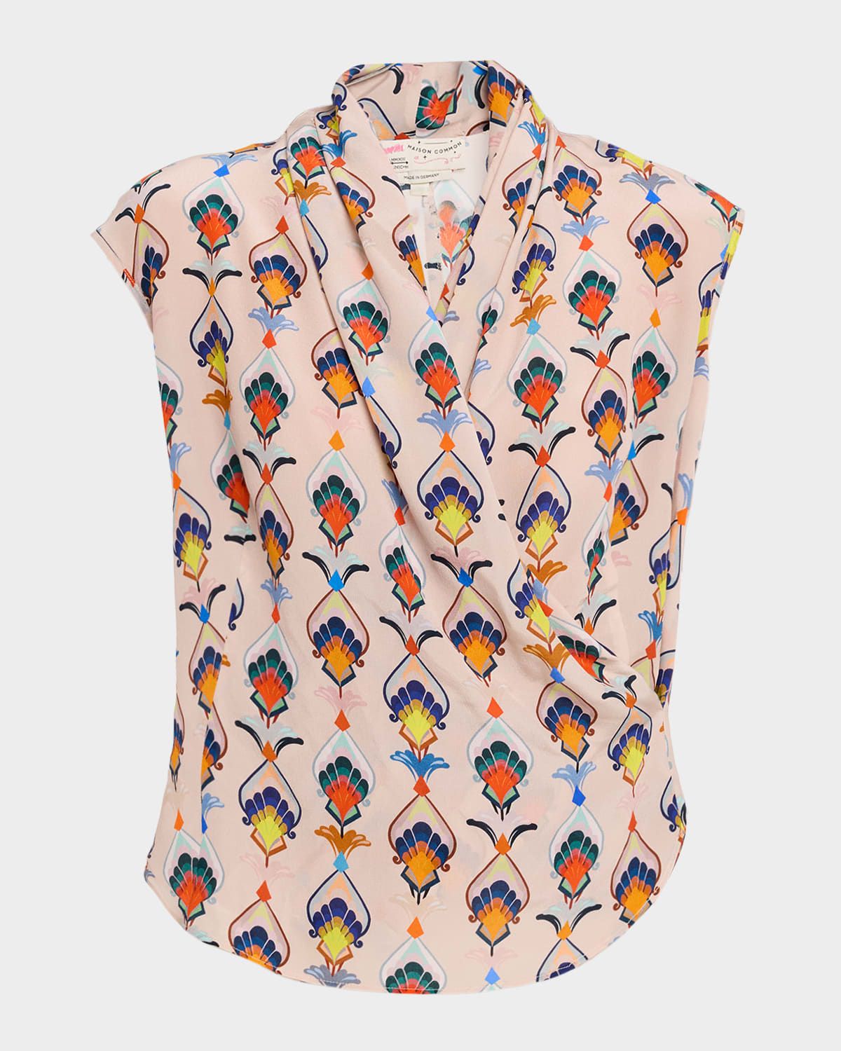 Draped Abstract-Print Silk Blouse