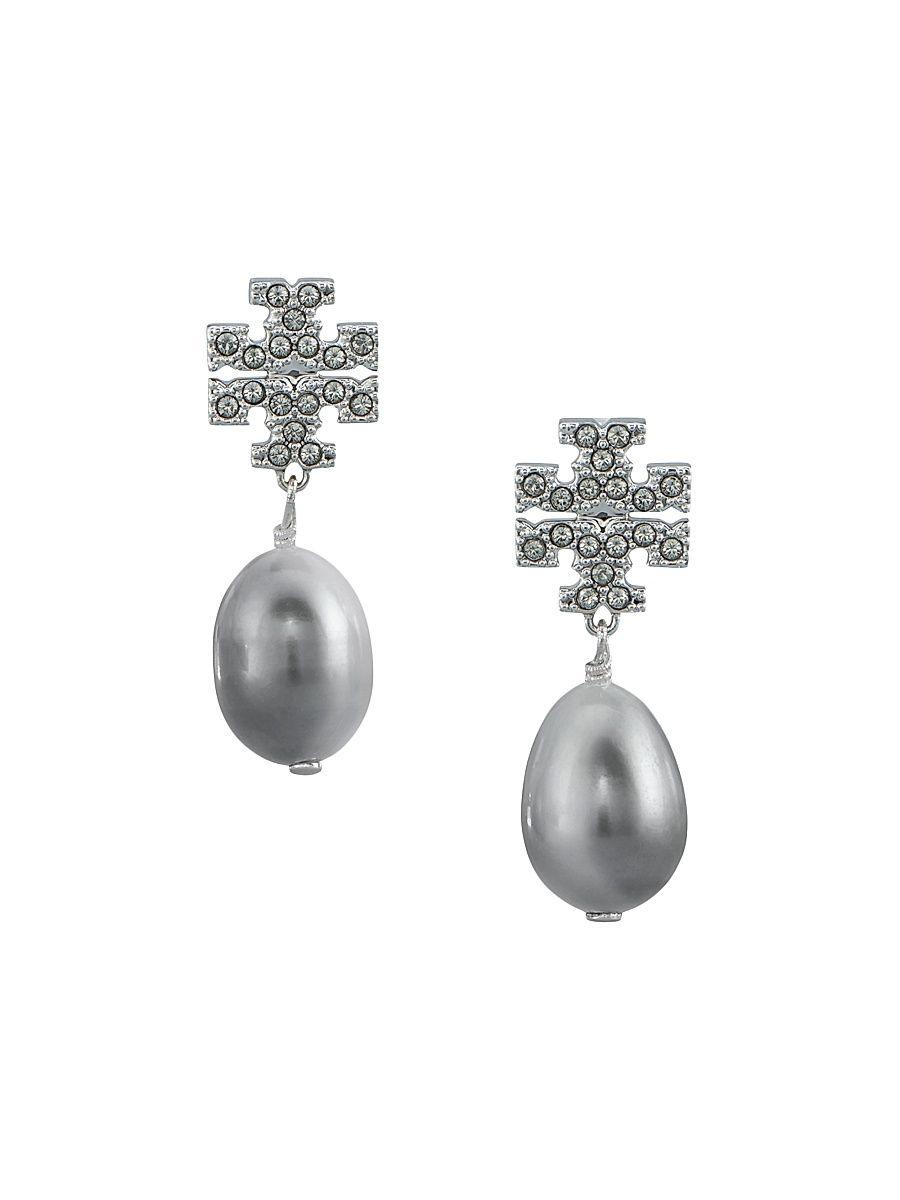 Women's Goldtone, Crystal & Faux-Pearl Logo Drop Earrings - Tory Silver Pearl