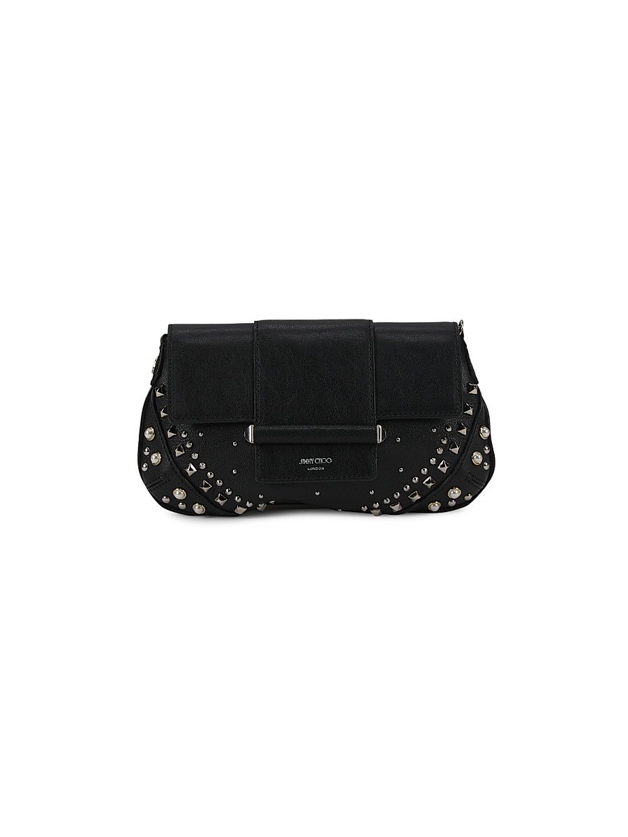 Women's Bar Embellished Leather Shoulder Bag - Black Ivory Antique Silver