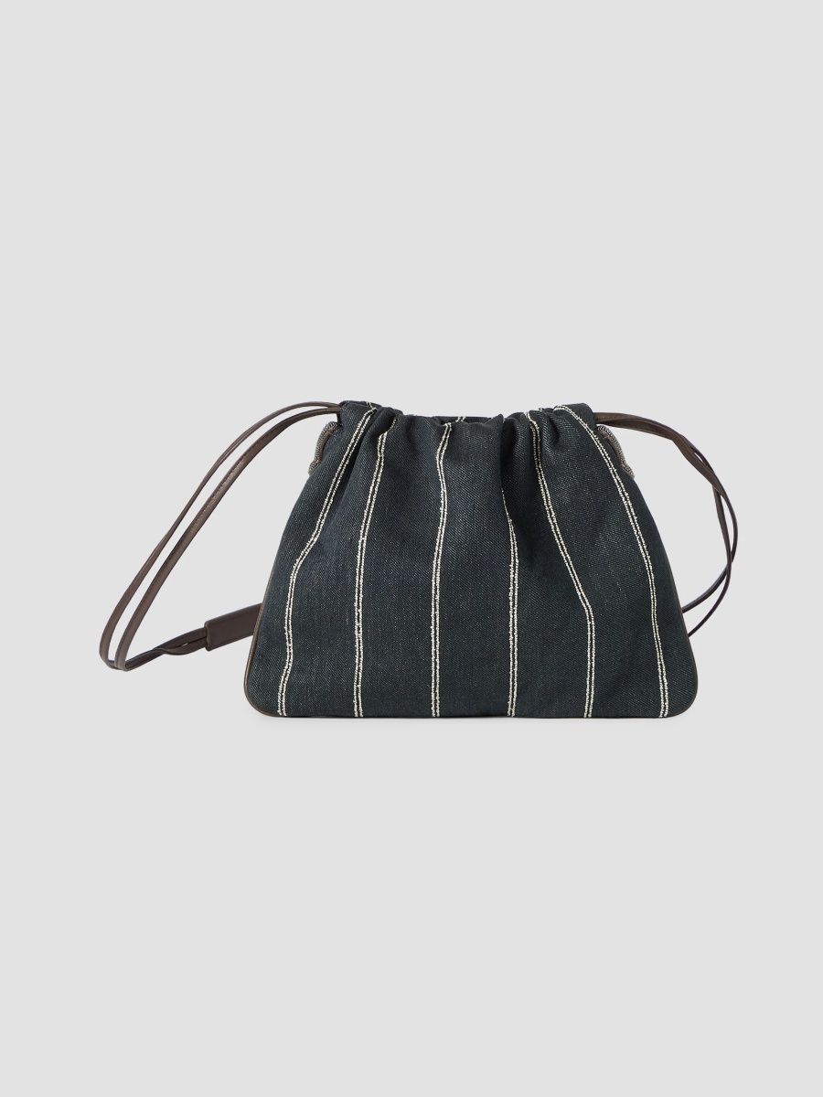 Brunello Cucinelli Women's Pouch Bag in Double Chalk Stripe Cotton and Linen Denim - Denim