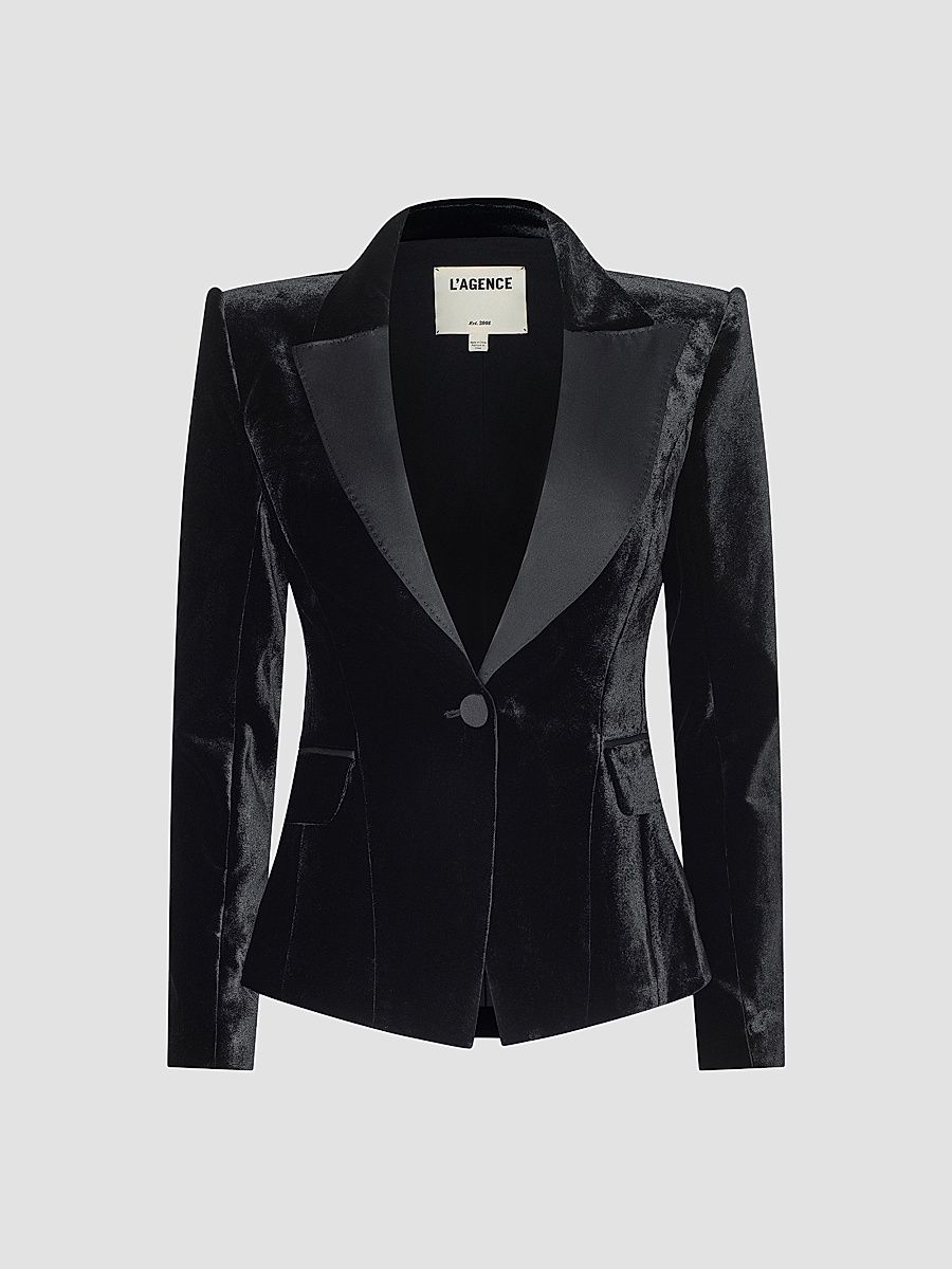 Women's Philippa Strong-Shoulder Tuxedo Blazer - Black - Size 12