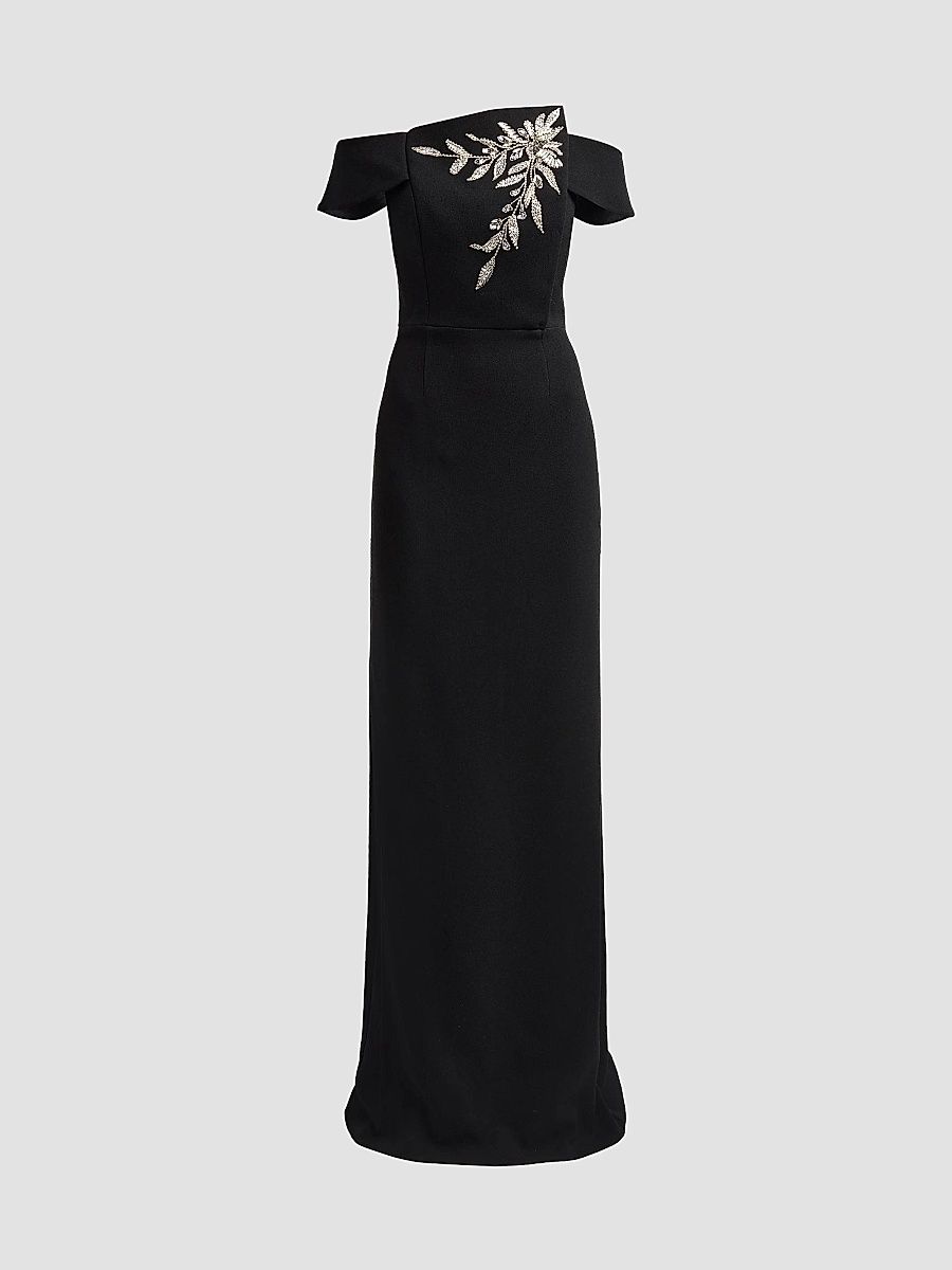 Women's Embellished Botanical Off-the-Shoulder Gown - Black Silver - Size 18