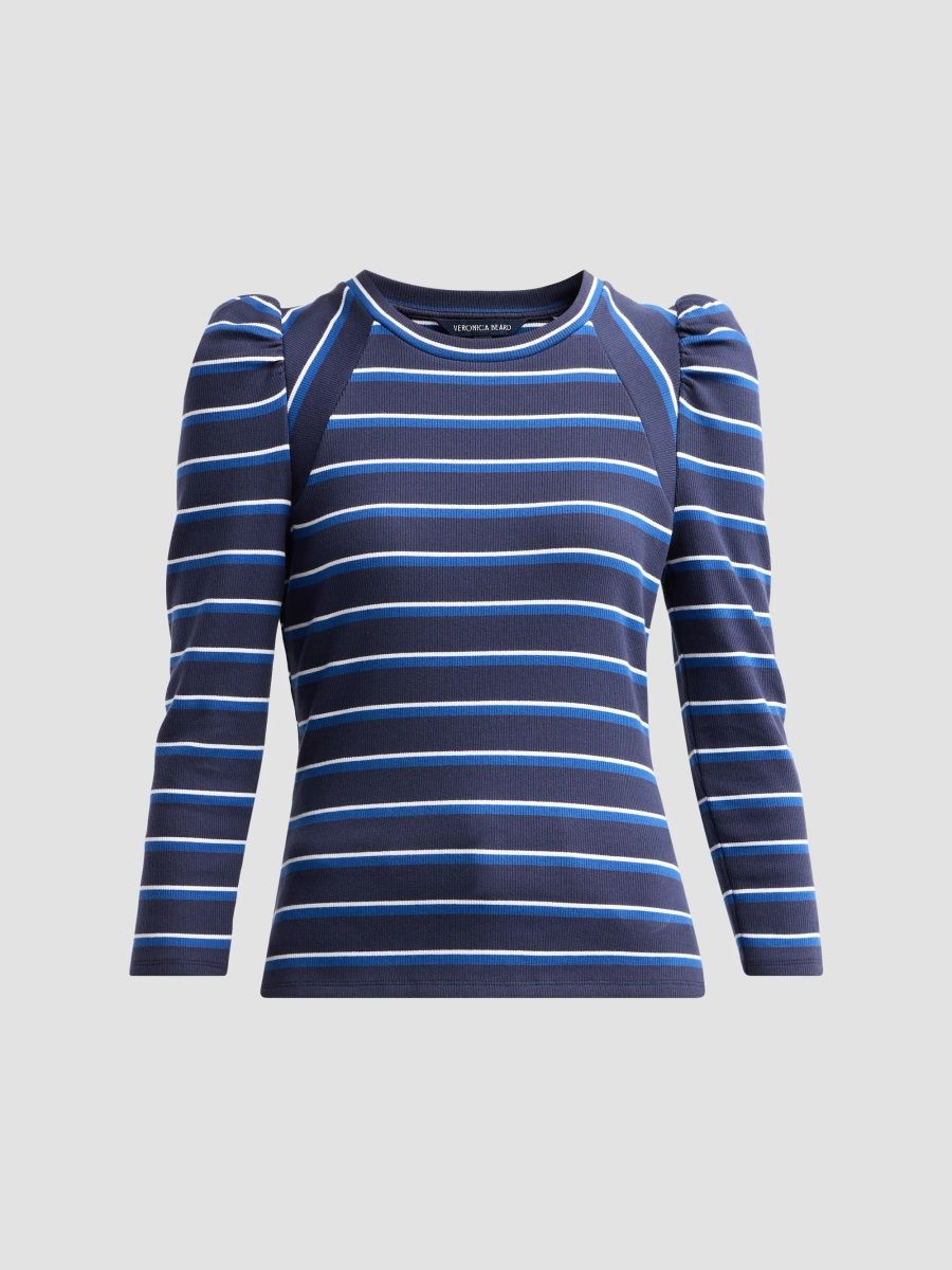 Veronica Beard Women's Delano Striped Puff-Sleeve Stretch-Cotton Top - Navy Multi - Size XS