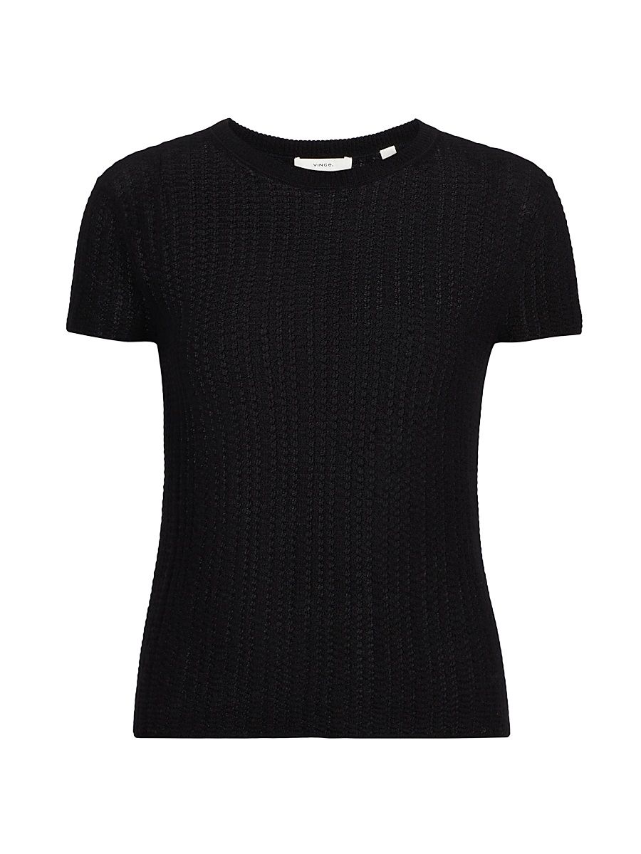Women's Waffle Knit Short-Sleeve Sweater - Black - Size XS