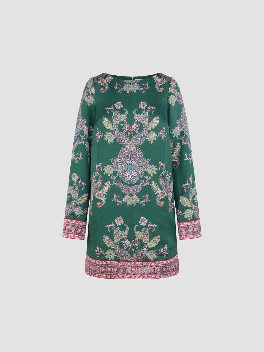 Hill House Home Women's The Long Sleeve Viola Dress - Windsor Paisley Emerald Green - Size XXS