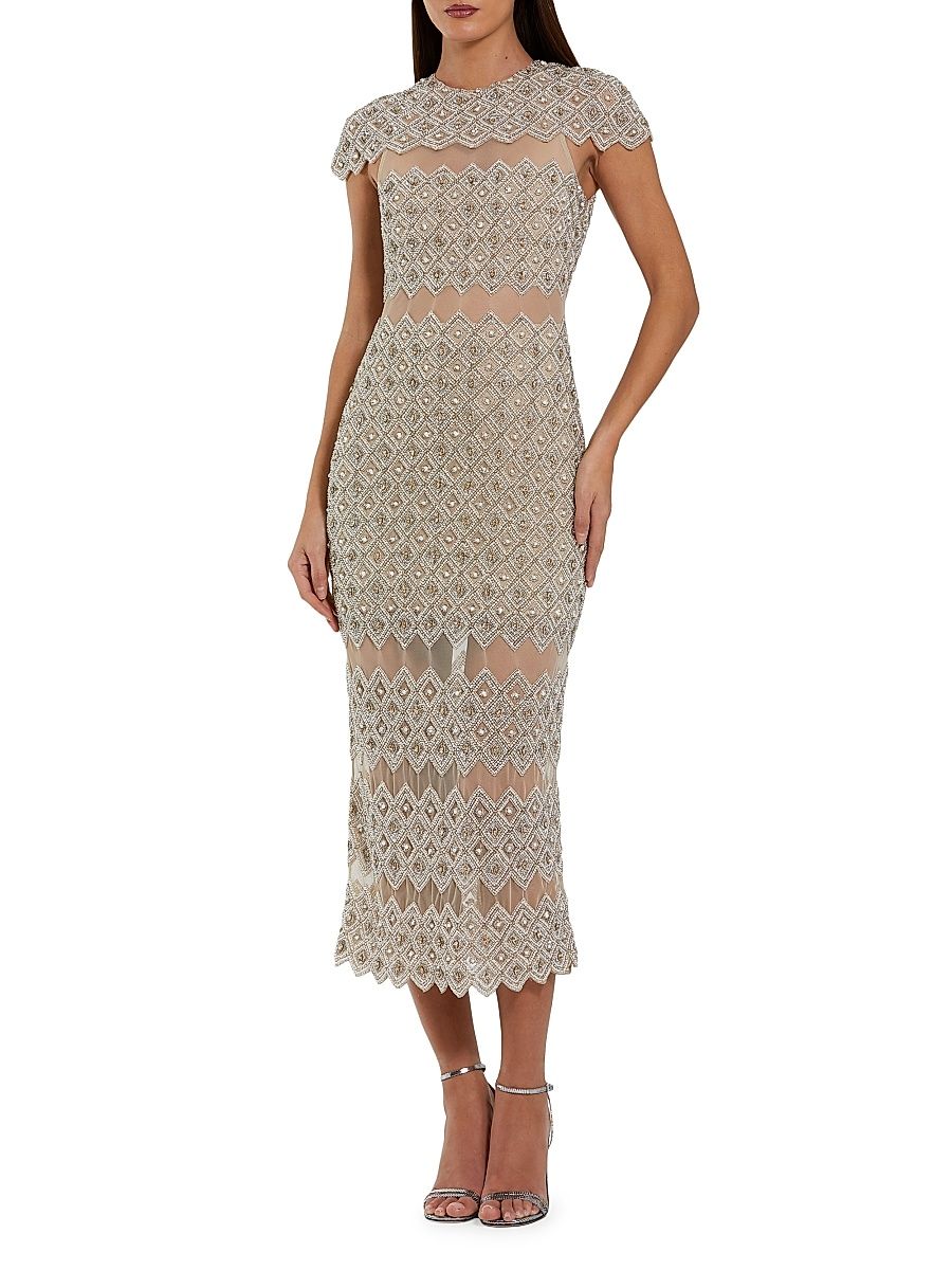 Women's Cocktail Beaded Mesh Midi-Dress - Ivory Beige - Size 12