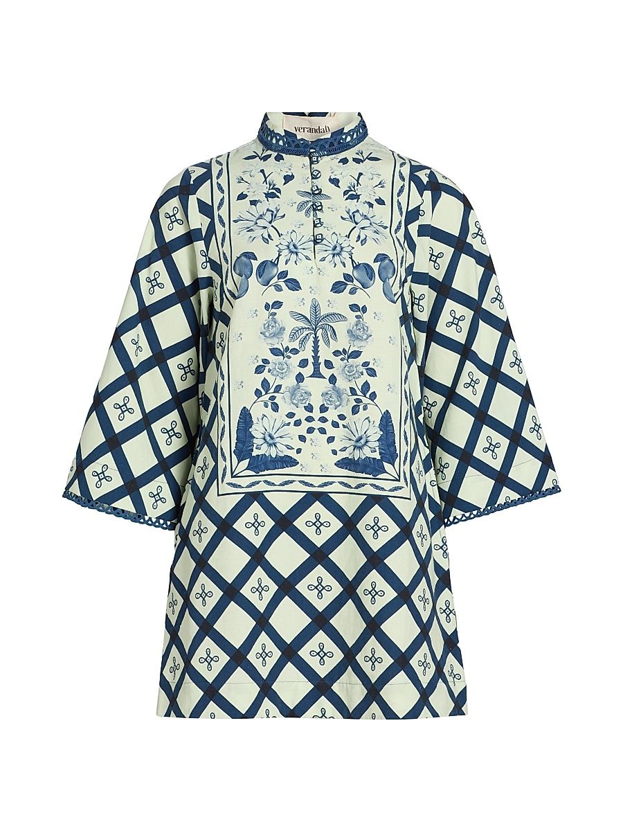 Women's Pushpanjali Kaftan Minidress - Ivory And Navy Multi Panel - Size Medium