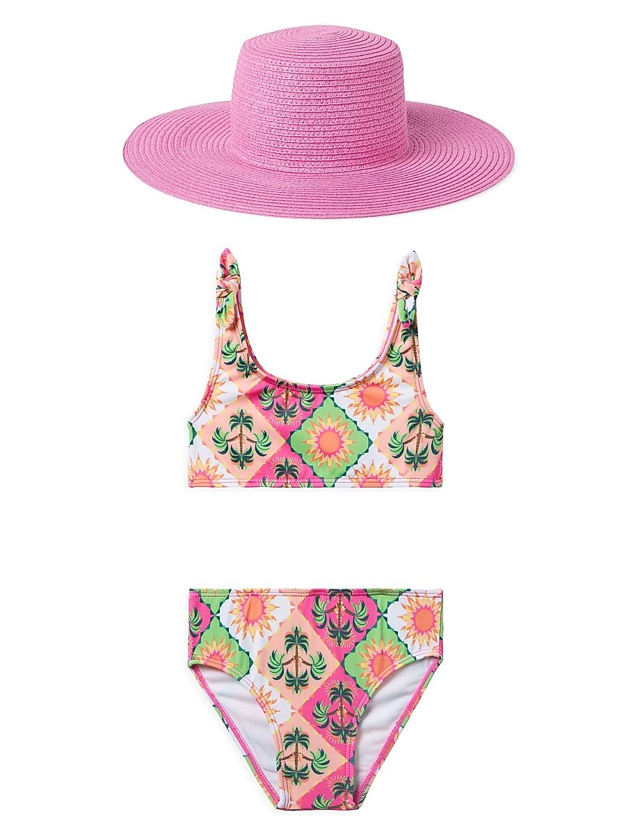 Little Girl's & Girl's Tile Swimsuit & Hat Set - Size 12