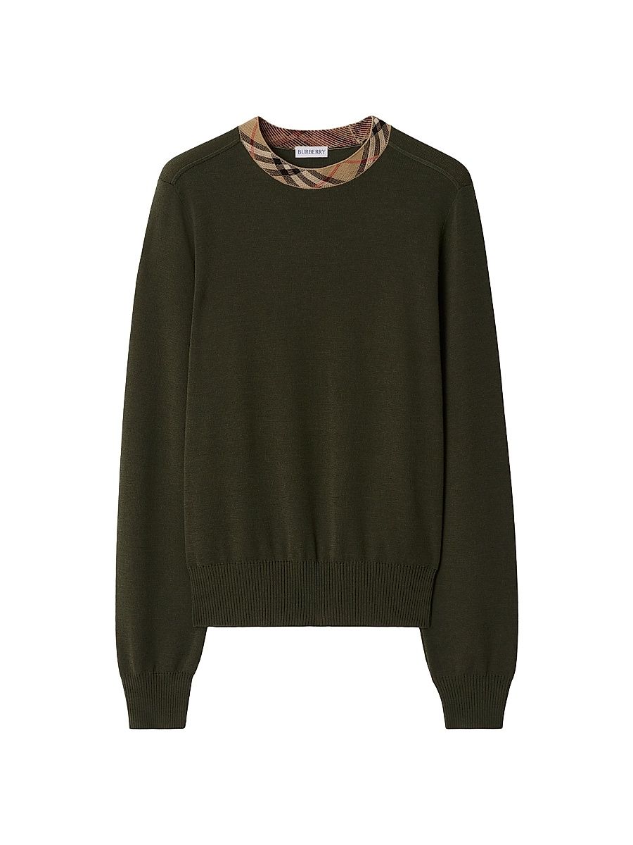 Women's Check Trim Wool Sweater - Shale - Size Medium