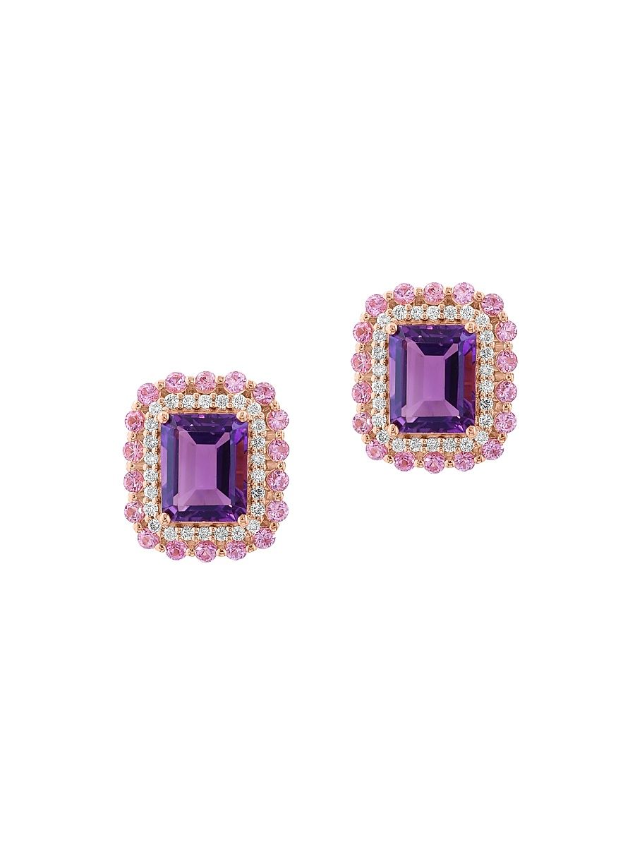 Women's 14K Rose Gold Amethyst, 0.38 TCW Diamond & Sapphire Halo Stud Earrings - Rose Gold