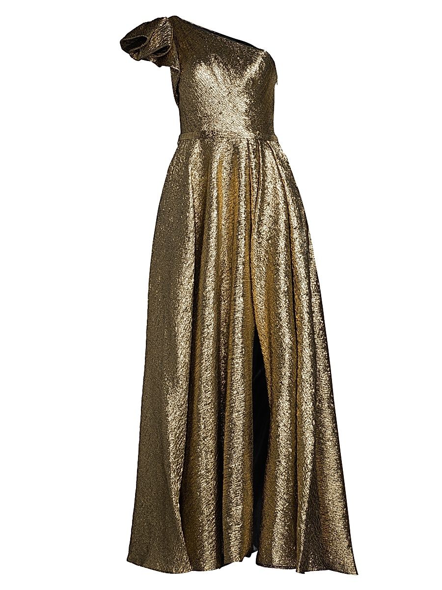 Women's Asymmetric Metallic Pleated Ball Gown - Antique Bronze - Size 16