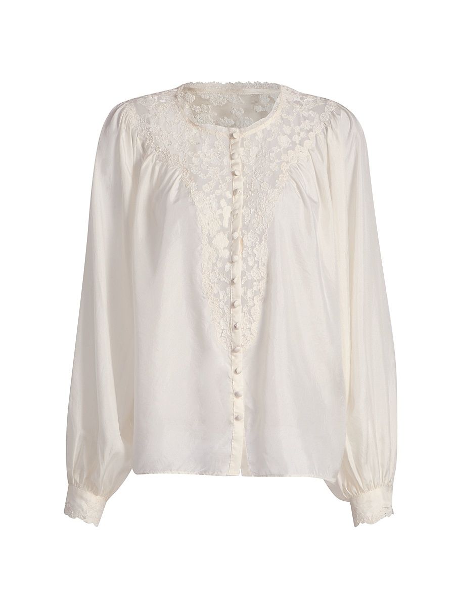 Women's Carine Lace-Trimmed Silk Long-Sleeve Top - Ivory - Size Medium