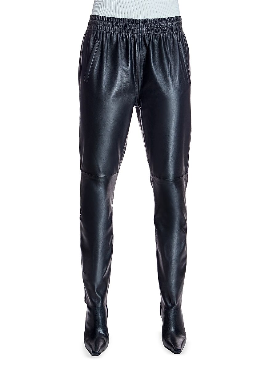 Women's Maximilian Leather Pants with Elastic Drawstring - Black - Size Large