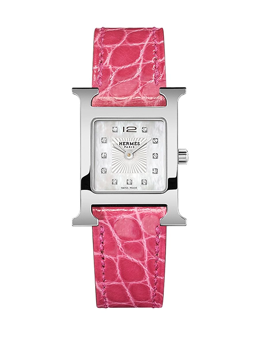 Women's Heure H Stainless Steel, 0.04 TCW Diamond & Alligator Leather Strap Watch/21MM - Pink