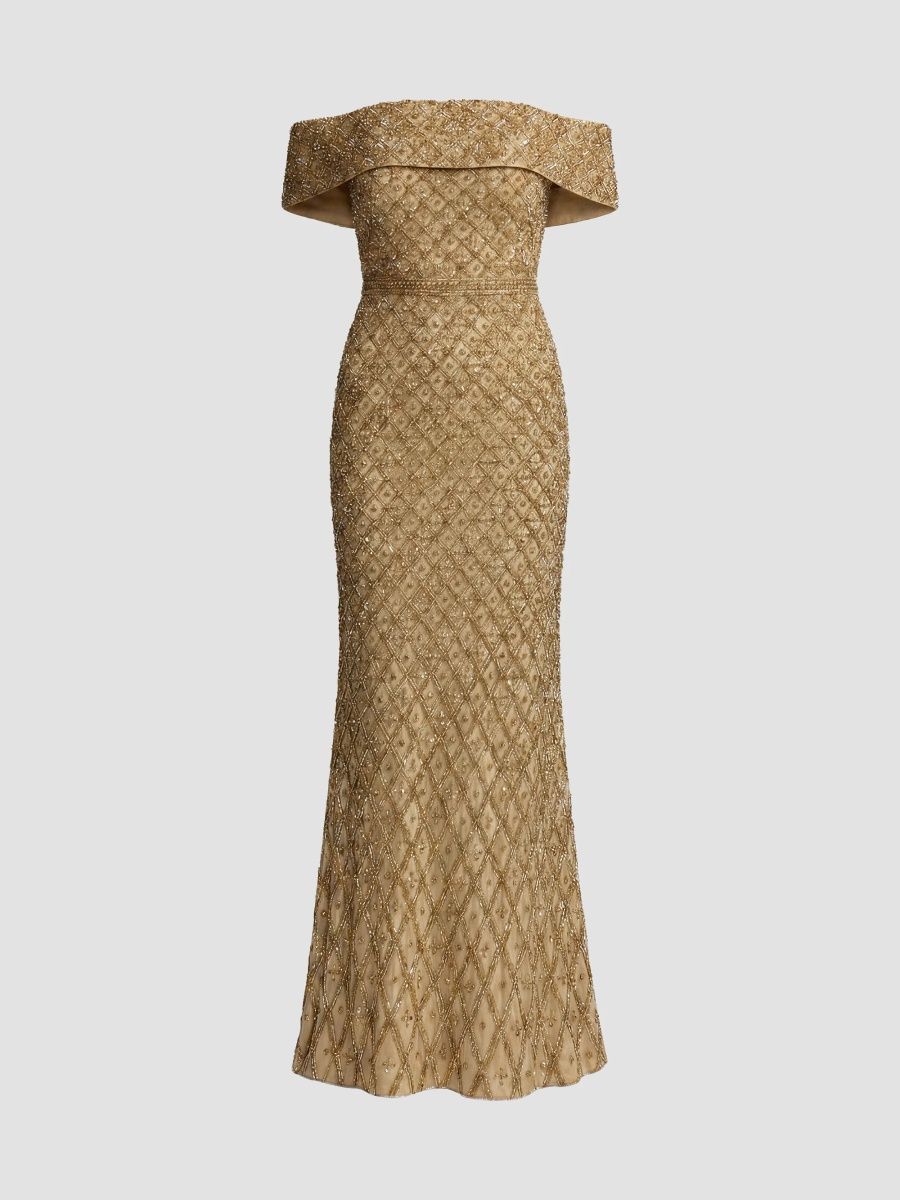 Mac Duggal Women's Sequined Mesh Column Gown - Gold - Size 12