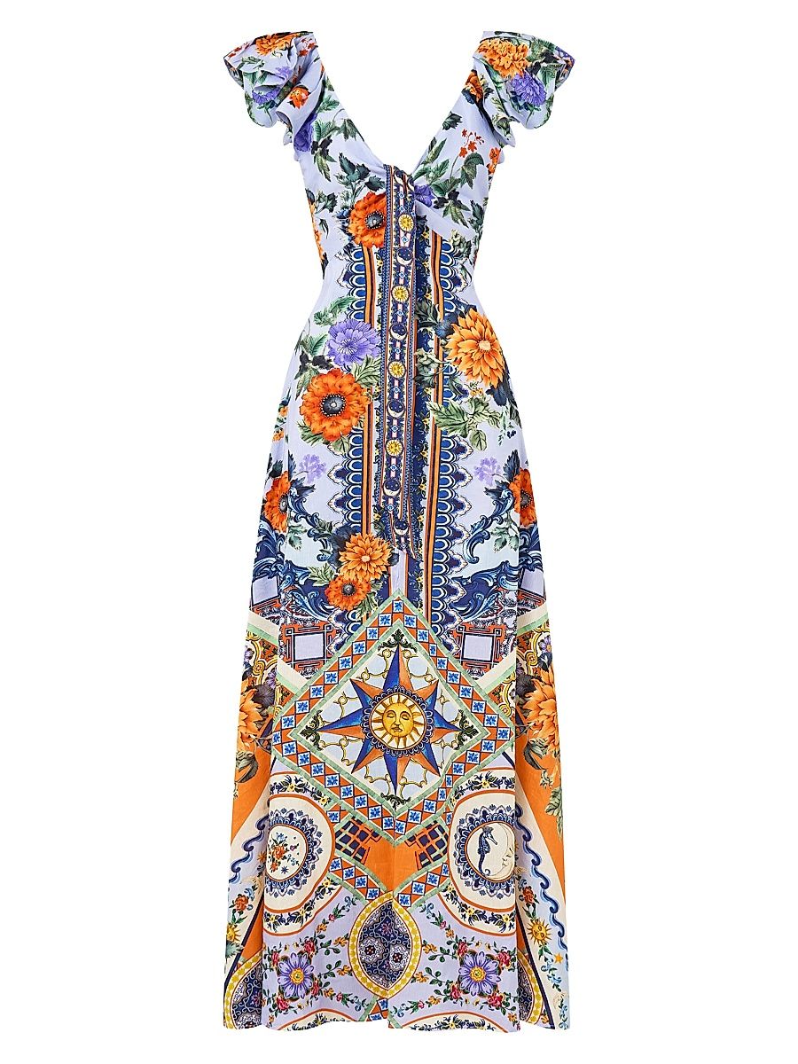 Women's Luscious In Lisbon Linen-Silk Floral Maxi Dress - Luscious In Lisbon - Size XS