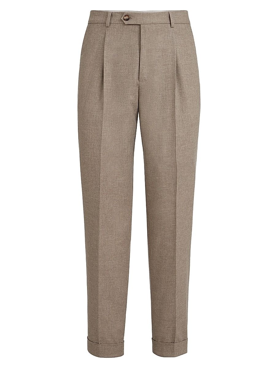 Men's Virgin Wool, Cotton and Silk Mouliné Trousers with Pleats - Light Brown - Size 48